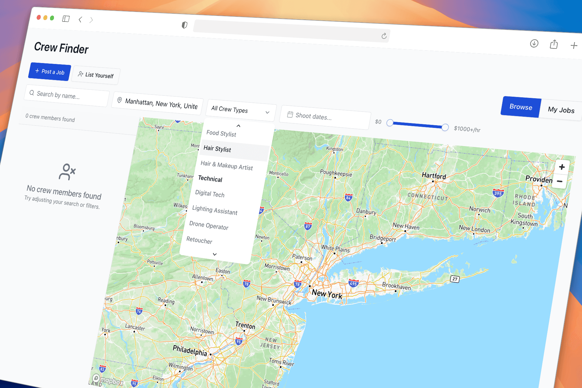 Crew Finder — search for freelance crew by location, type, and rate
