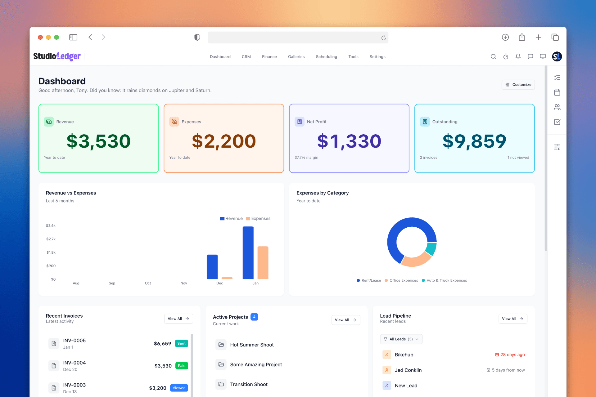 StudioLedger dashboard showing gallery management interface